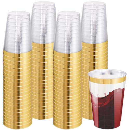 I00000 100 Pack 12 oz Gold Plastic Cups, Gold Rimmed Disposable Cups, Disposable Wine Glasses Cocktail Glasses Premium Cup...