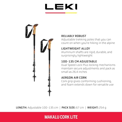 LEKI Makalu Cork Lite Trekking Poles - Aluminum Collapsible Lightweight Walking Poles for Hiking & Trekking