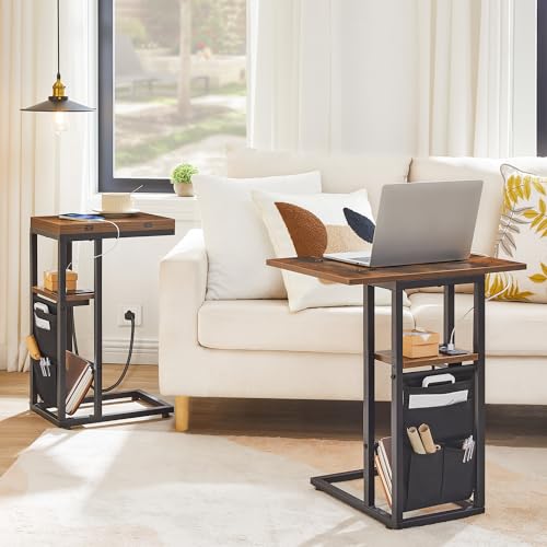 HOOBRO Foldable End Table with Charging Station, C Shaped Side Table with Storage Bag, Slide Under Sofa Couch Table for Sm...
