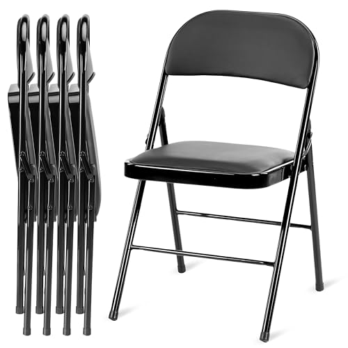 Simple Deluxe 4 Pack Folding Chairs with Leather Padded Cushion Seats & Durable Metal Frame, Comfortable, Foldable, Portab...