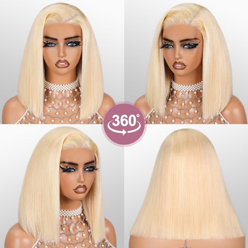 Bob Wig Human Hair Blonde 613 Wigs Human Hair Wear and Go 6x5 Glueless Wigs Pre Cut 210% Density 613 Lace Front Wig Human Hair 613 Closure Bob Wig Real Pre Bleached Tiny Knots£¨10inch,613 Glueless Bob£©