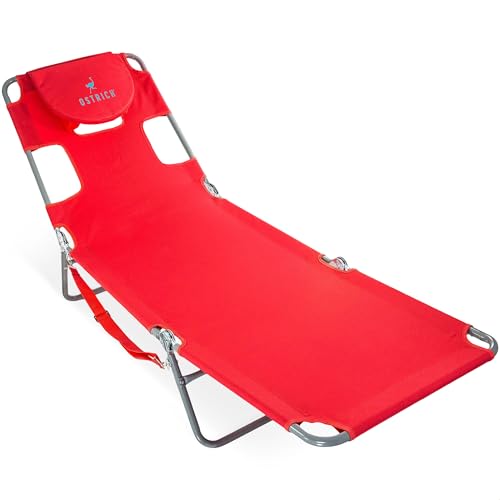 Ostrich Beach Lounge Chair, Folding & Reclining Outdoor Chaise Lounger, Red - Portable Adjustable Recliner Chair for Lawn,...