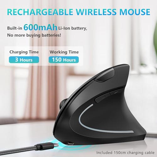Ergonomic Mouse, LEKVEY Vertical Wireless Mouse - Rechargeable 2.4G Optical Vertical Mice : 3 Adjustable DPI 800/1200/1600...