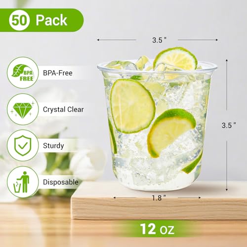 Soelomu 12 oz Disposable Stemless Wine Glasses, 50 Pcs Crystal Plastic Cocktail Cups Clear Classic Cold Drinking Party Gla...