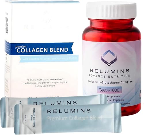 Relumins Premium Collagen & Gluta-1000 Bundle – 10 Blueberry Marine Collagen Sachets + 30 Vegetarian Capsules for Holidays...