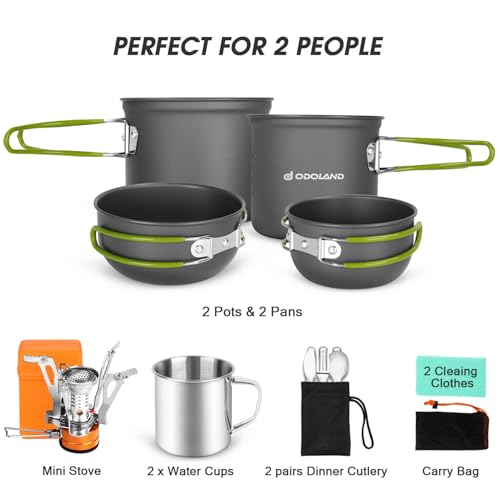 Odoland 16pcs Camping Cookware Mess Kit, Lightweight Pot Pan Mini Stove with 2 Cups, Fork Spoon Kits for Backpacking, Outd...