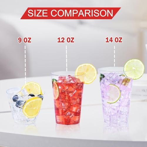 BYSNOW 100 Pack 12 oz Clear Plastic Cups, Disposable Wine Cups for Cocktail Party, Polystyrene Hard Plastic Cup with Highe...