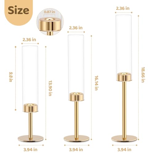 Gold Hurricane Candle Holders Set of 3, Tall Metal & Windproof Glass Taper Candle Holders, Brass Candlesticks Holder Decor...