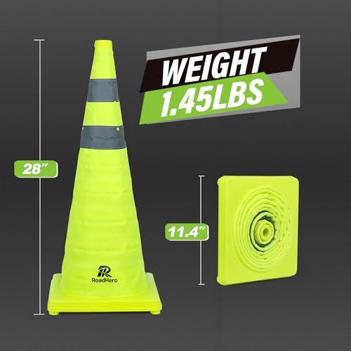 RoadHero 28 Inch 4 Pack Collapsible Traffic Safety Cones, Lime Green Pop-up Cones with Reflective Collar for Road Safety, ...