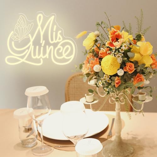 Mis Quince Neon Sign with Engraved Butterfly Design, Warm White Dimmable LED Light for Quinceañera Decorations, Sweet 15 B...