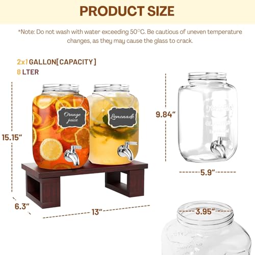 2Pack Large Drink Dispensers for Parties, Glass Beverage Dispenser with Solid Wood Stand, 1 Gallon Water Drink Dispenser w...