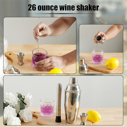 5Pcs Cocktail Shaker Kit Stainless Steel Shaker Set with 18Oz Shaker Reusable Cleaning Shaker Cocktail Making Set Ice Stra...