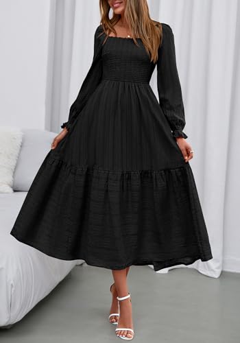 BTFBM Women Maxi Fall Dresses 2025 Long Sleeve Solid Color Square Neck Smocked Boho Long Wedding Guest Dress