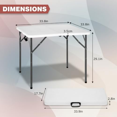 Bigacc 34" Folding Card Table, Heavy Duty Plastic Square Table - Portable & Handle & Lock ，for Camping, BBQ, Party