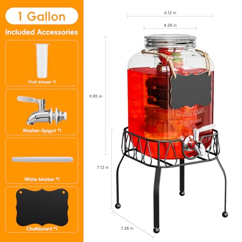 OneDream Glass Drink Dispenser for Parties, 1Gallon Beverage Dispenserd with Stand, Lemonade Dispenser with Stainless Stee...
