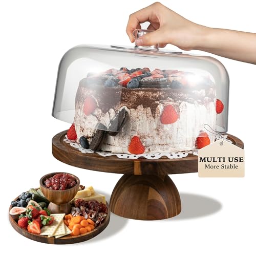 Fyctio Acacia Wood Cake Stand with Lid,12in Round Acrylic Cake Stand with Dome,2-In-1 Reversible Charcuterie Board with Li...