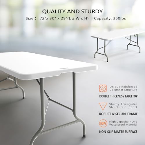 VINGLI 6 Foot Plastic Folding Table Portable Long Table for Indoor Outdoor Use Rectangular with Carrying Handle, Smooth HD...
