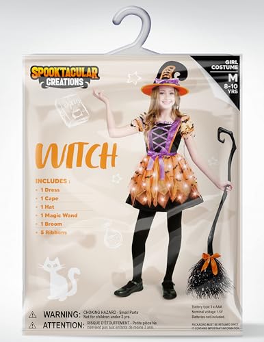 Spooktacular Creations Girls Light Up Witch Costume, Kids Witch Costume with Hat and Broom for Toddler Halloween Dress Party