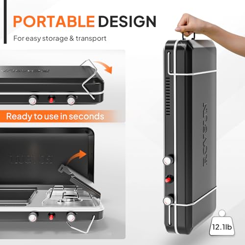 ROVSUN 2-in-1 Portable Camping Stove & Propane Grill with Enamel Griddle & Piezo Igniter, Tabletop Camp Stove with Built-i...