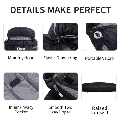 QEZER Ultralight Down Sleeping Bag for Adults - 600 Fill Power, Cold Weather, Backpacking, Camping, Hiking