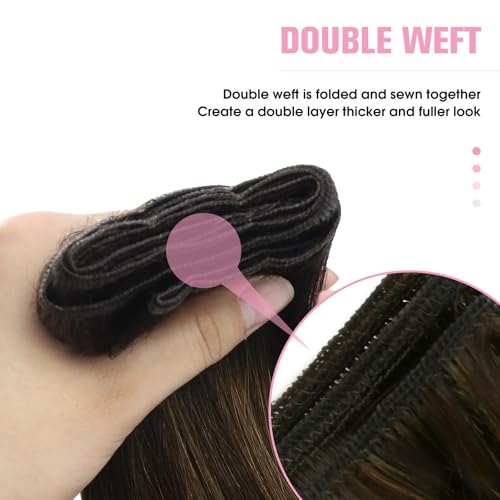 YoungSee Human Hair Sew in Extensions Brown Balayage Human Hair Weft Extensions Darkest with Medium Brown Balayage Sew in Hair Extensions Long Straight Hair 100G 22Inch