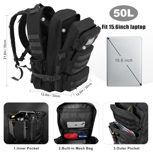 kookoomia 50L Military Tactical Backpack Large Day Backpack for Men Molle Army 3 Days Assault Pack Bug Out Bag Water Resis...
