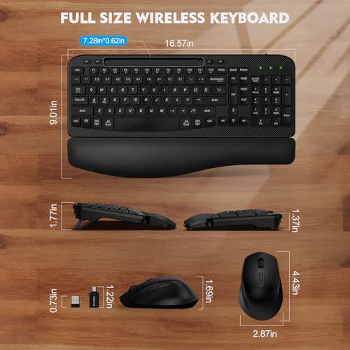Wireless Keyboard and Mouse Combo, Wave Keys Full-Sized Ergonomic Keyboard with Cushioned Plam Rest, Phone Holder, Comfort...