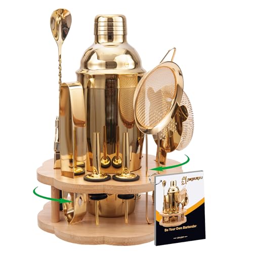 JWJIUEJIU Cocktail Shaker Set Bartender Kit with Rotatble Bamboo Stand,11 Piece Bar Set Stainless Steel Bar Accessories fo...