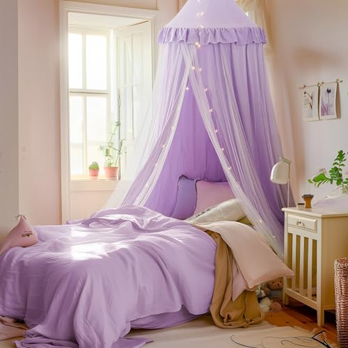 Bed Canopy with Star Lights, Double Layer Canopy for Bed, Princess Play Tent for Girls Room, Breathable Canopy Bed Curtain...