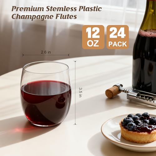 24 Pack 12oz Plastic Stemless Wine Glasses, Disposable Clear Wine Cups - Shatterproof, Unbreakable & BPA-Free, Recyclable ...