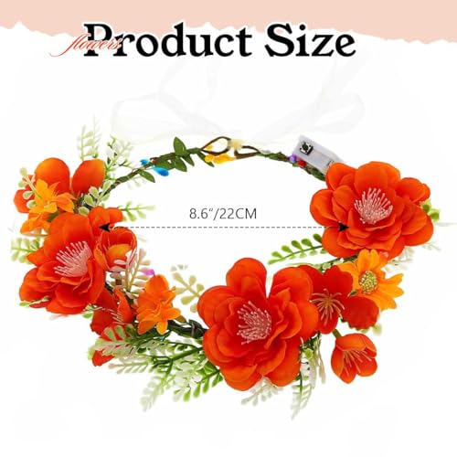 DRESBE Light Up Flower Crown Headband LED Floral Fairy Hair Accessories for Women (Orange)