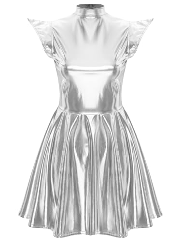 Alvivi Women Shiny Metallic Dress Holographic High Waisted Flare Skater Dress Carnival Party Outfit