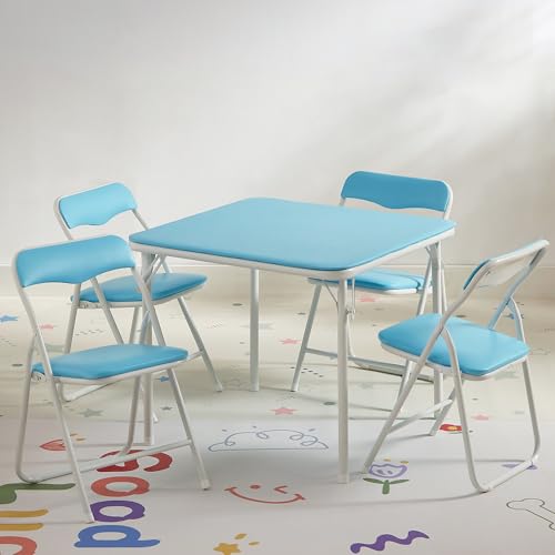 VECELO Folding Activity Table and Chairs 5 Pcs, Portable, with Ultra Soft Padded Cushion, 5 Piece Set, Baby Blue
