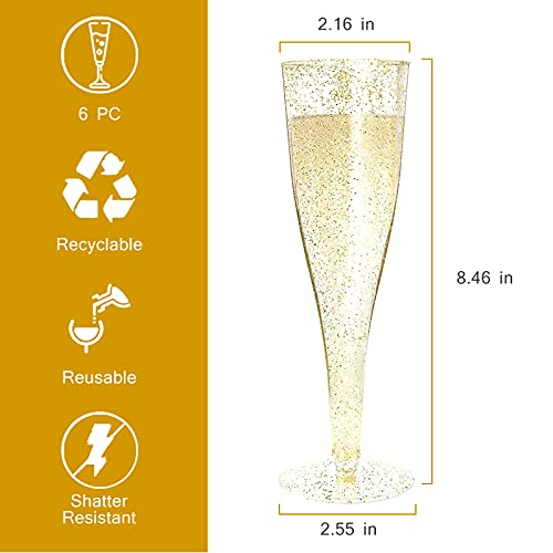 MR.FOAM Disposable Gold Glitter Champagne Flutes, 6PC Plastic Glasses for Parties, Toasting, Mimosa, Wedding and Shower Su...