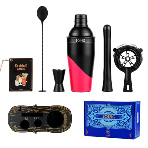 Cocktail Shaker Set with Unique Car-Shaped Wooden Stand,Bartender Kit with 24oz Shaker,Jigger,Muddler,Mixing Spoon,Straine...