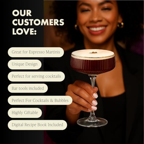 VEMACITY - Ribbed Espresso Martini Glasses Set of 4 with Gold Rims - Vintage Cocktail Glasses for Margaritas, Champagne an...