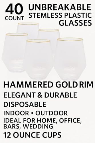 Oojami 40 count Diamond Unbreakable Stemless Plastic Wine Champagne Whiskey Glasses Elegant Durable Disposable Indoor Outd...