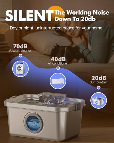 PETIMI Cat & Dog Water Fountain, 2 Gallon 304 Food Grade Stainless Steel Pet Water Fountain, Ultra Quiet Dog Water Bowl Di...