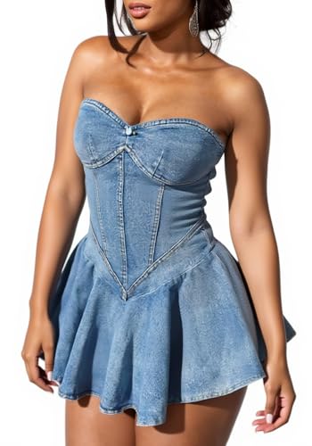 SHINFY Womens Summer Denim Dress Sexy Off Shoulder Strapless Bustier Corset Tube Pleated Mini Jean Dresses