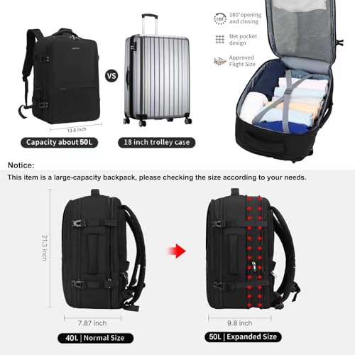 MOLNIA 50L Expandable Travel Backpack for Men Women, Carry On Backpack Airline Approved, Suitcase Backpack with Packing Cu...