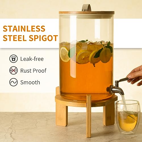 L'ÉPICÉA Glass Drink Dispenser Wood Stand, Cold Glass Beverage Dispenser for Party, Large Lemonade Dispenser Jar Spigot, ...