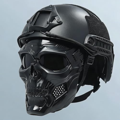 Tactical Airsoft Helmet with Full Face Mask, Black Military Style Paintball Protection Gear, Detachable Goggles, NVG Moun...
