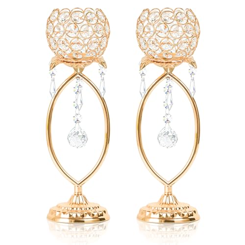 kehail 2 Pcs Gold Elegant Metal Crystal Tea Light Candle Holders with Bling Crystal Pendants, Hollow Design - Wedding Tabl...