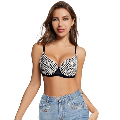 Kimring Women's Steampunk B Cup Spike Studs Rivet Party Club Rave Sport Bra Tops