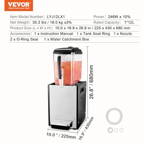 VEVOR Commercial Beverage Dispenser, 12 L / 12.7 QT Juice Dispenser, 246W 304 Stainless Steel Food Grade Ice Tea Drink Mac...
