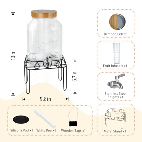 2 Gallon Glass Drink Dispenser with Stand and Bamboo Lid, Lemonade Dispenser with Stainless Steel Spigot, Glass Beverage D...