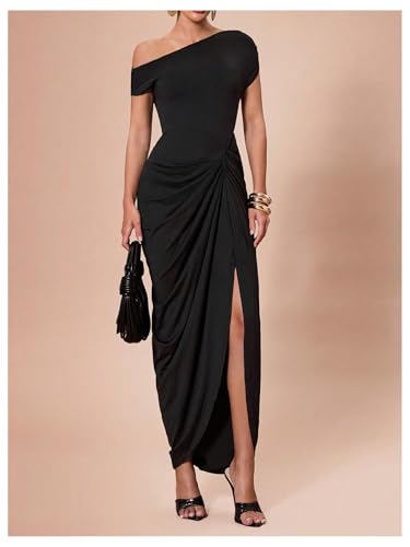 Floerns Women's Elegant Long Dress Asymmetrical Off Shoulder Ruched Slit Bodycon Cocktail Dresses