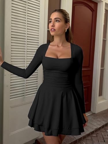 Kaximil Women's Square Neck Ruffle Hem Mini Dress Ruched Waist Long Sleeve Corset Short Party Dresses