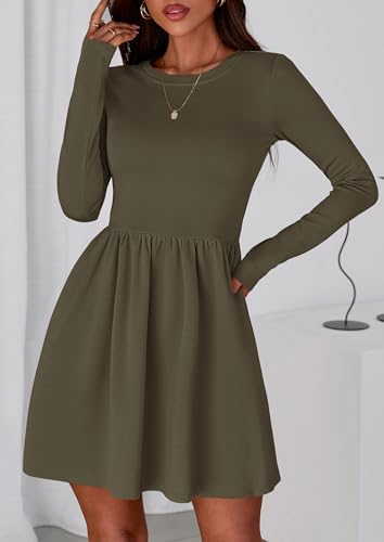 PRETTYGARDEN Women's Long Sleeve Mini Dresses 2025 Fall Casual Crewneck Pleated A Line Party Cocktail Short Dress with Pocket
