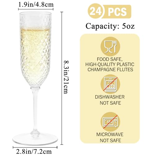 CrysParty 24 Pack Clear Champagne Flutes Plastic, 5.5oz Detachable Acrylic Champagne Glasses, Disposable Cocktail Drinking...